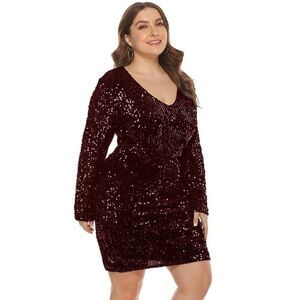 Burgundy- Sequins Plus Size Dress